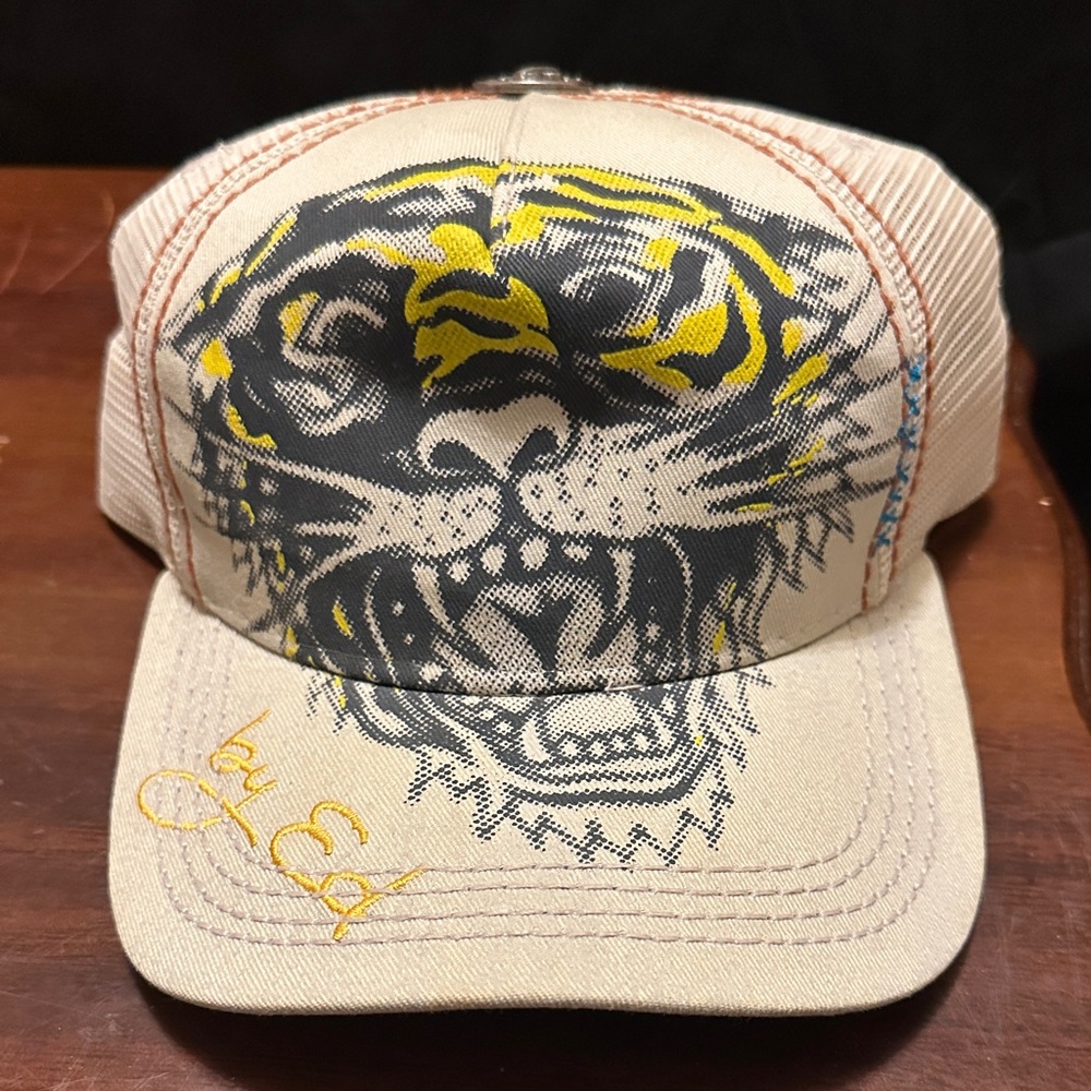 Ed Hardy Beige Trucker Hat with Black and Yellow Tiger Graphic